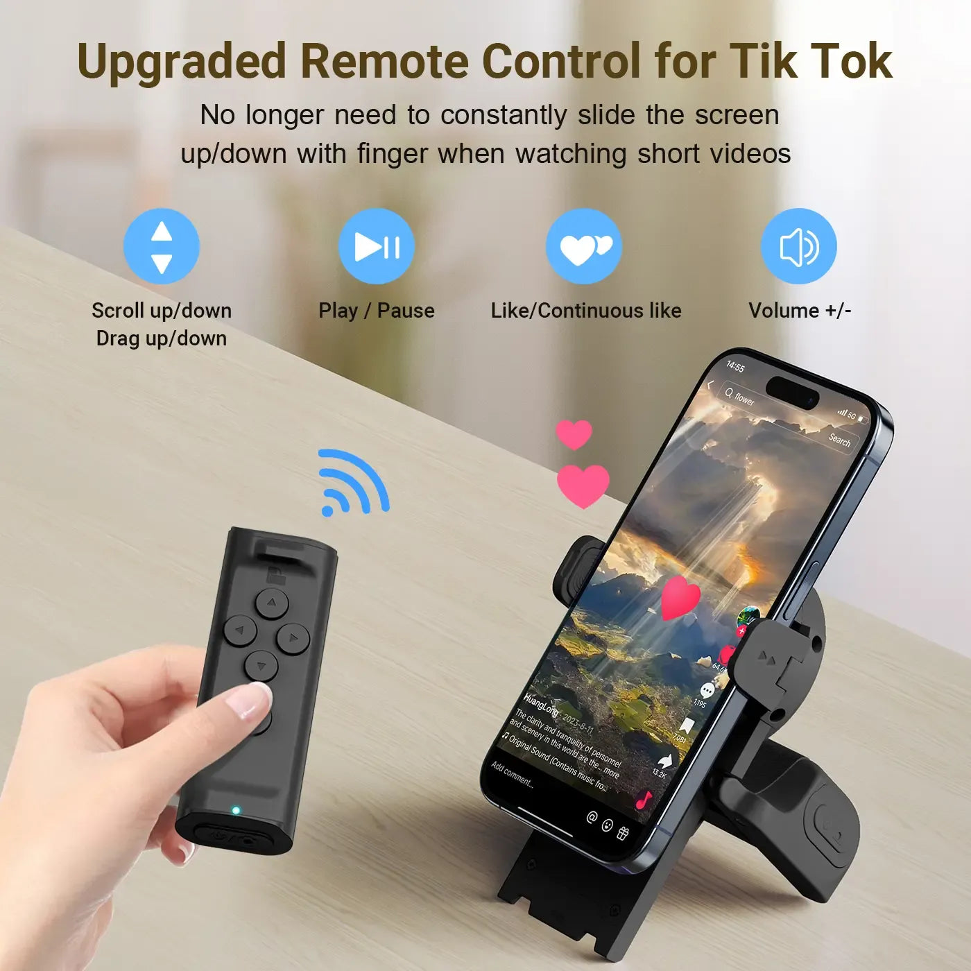(🔥LAST DAY – 50% OFF) Remote Control for TikTok Scrolling with Smartphone Holder Stand, Wireless Scroller Page Turner, Camera Shutter Video Recording for iOS Android, Cellphone Selfie Accessory,Upgraded