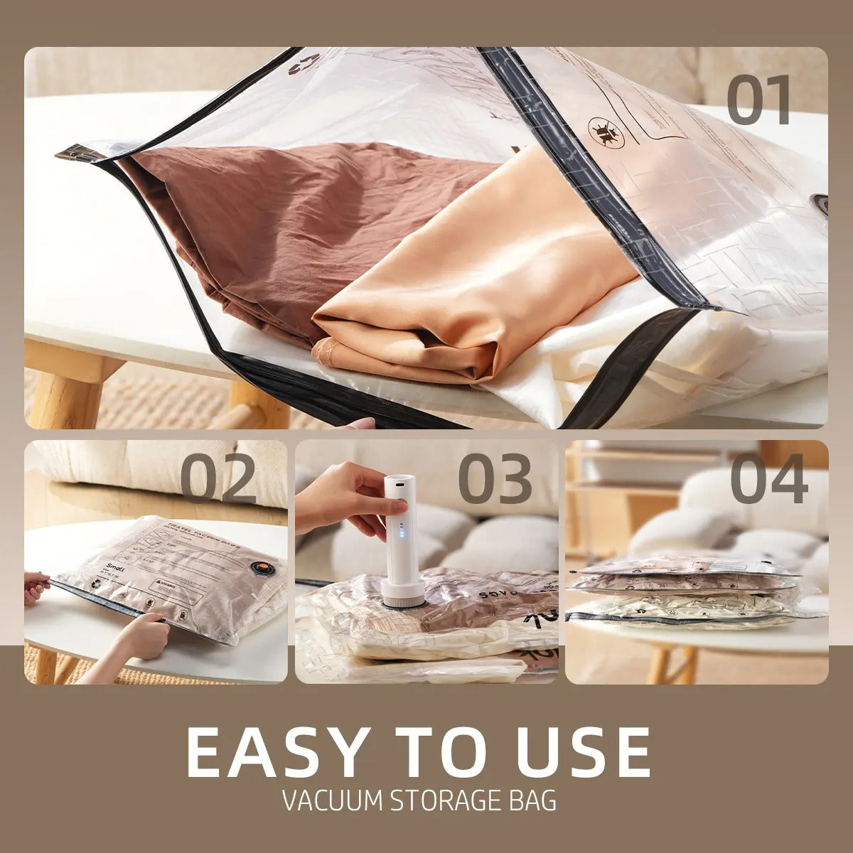 Travel Vacuum Compression Storage Bags — Includes USB-Rechargeable Electric Pump