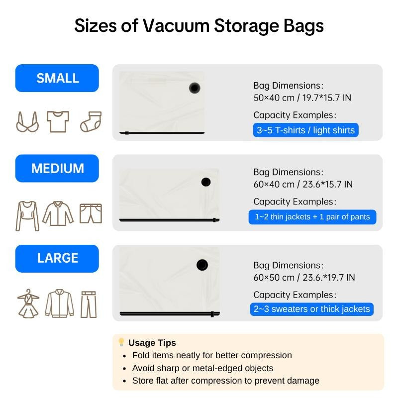 Travel Vacuum Compression Storage Bags — Includes USB-Rechargeable Electric Pump